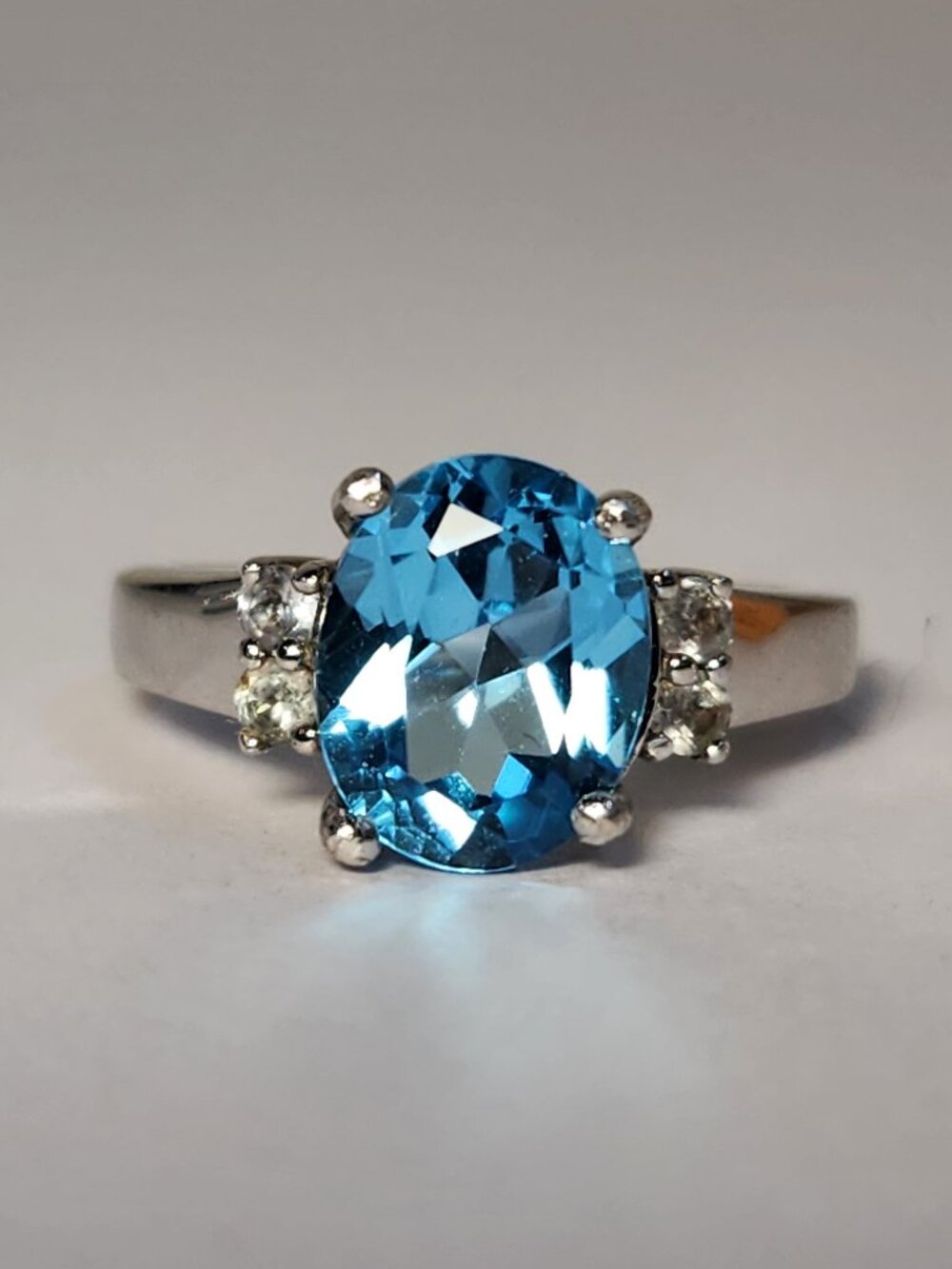 Vtg Large Electric Blue Topaz Green Apatite Ring 925 BBJ Sz 5.75-6